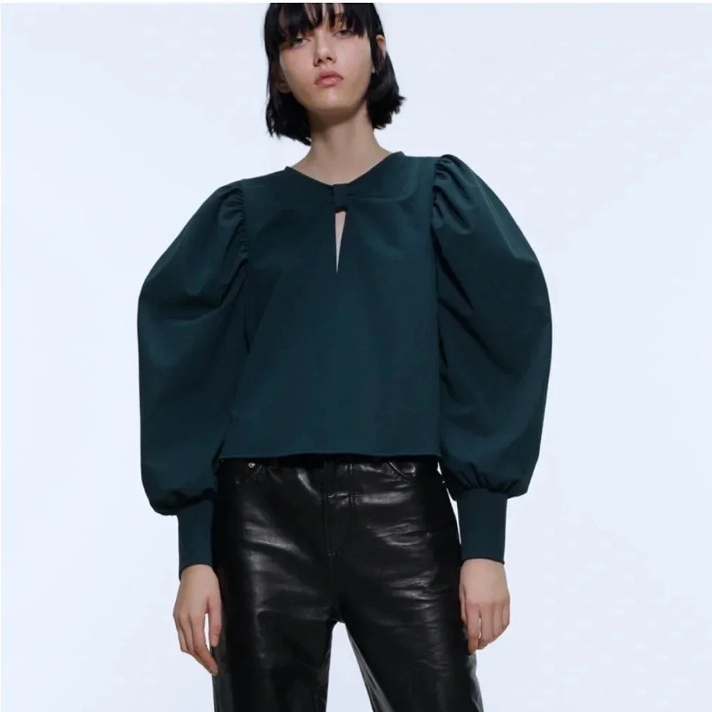 Zara Blouse Balloon Long Sleeve Knot Bow Detail Cutout Top emerald green size S